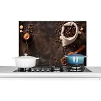 KitchenYeah Spatscherm keuken 90x60 cm - Kookplaat achterwand Koffiebonen - Koffie - Zak - Muurbeschermer - Spatwand fornuis - Hoogwaardig aluminium