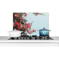 KitchenYeah Spatscherm - Bloemen - Lucht - Roze - Bladeren - Keuken decoratie - 70x50 cm - Muurbeschermer