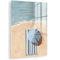 MuchoWow Glasschilderij 120x160 cm - Schilderij acrylglas - Strandlaken - Strepen - Parasol - Strand - Foto op glas - Muurdecoratie woonkamer - Wanddecoratie slaapkamer - Schilderijen