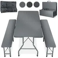 Everbrent Opvouwbare Picknicktafel - Biertafel met banken - Vouwtafel - 8 personen - Campingtafel set - Grijs - Rattan look