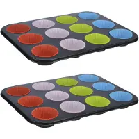 Hi Muffin vorm/bakvorm - 2x - zwart - voor 12 muffins - siliconen coating - 35 x 26,5 x 3 cm