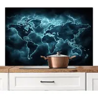 KitchenYeah Spatscherm keuken 120x80 cm - Kookplaat achterwand Wereldkaart - Bliksem - Blauw - Muurbeschermer - Spatwand fornuis - Hoogwaardig aluminium