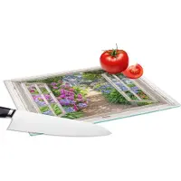 KitchenYeah Glazen Snijplank - 28x20 - Hortensia - Doorkijk - Bloemen - Zomer - Paars - Pad - Snijplanken Glas