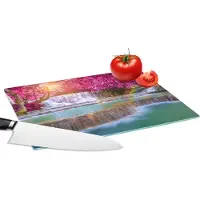 KitchenYeah Glazen Snijplank - 28x20 - Waterval - Regenboog - Bomen - Roze - Natuur - Snijplanken Glas