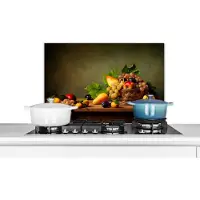 KitchenYeah Spatscherm keuken 60x40 cm - Kookplaat achterwand Rustiek - Mand - Fruit - Stilleven - Muurbeschermer - Spatwand fornuis - Hoogwaardig aluminium