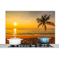 KitchenYeah Spatscherm keuken 120x80 cm - Kookplaat achterwand Palmboom - Strand - Zonsondergang - Zee - Muurbeschermer - Spatwand fornuis - Hoogwaardig aluminium