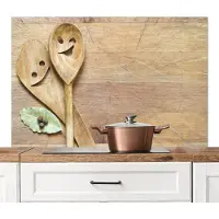KitchenYeah Spatscherm keuken 120x80 cm - Kookplaat achterwand Hout - Lepels - Bruin - Smiley - Muurbeschermer - Spatwand fornuis - Hoogwaardig aluminium