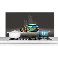KitchenYeah Spatscherm keuken 120x60 cm - Kookplaat achterwand Auto - Vintage - Vlammen - Blauw - Muurbeschermer - Spatwand fornuis - Hoogwaardig aluminium