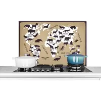KitchenYeah Spatscherm keuken 90x60 cm - Kookplaat achterwand Wereldkaart - Dieren - Bruin - Muurbeschermer - Spatwand fornuis - Hoogwaardig aluminium