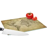 KitchenYeah Glazen Snijplank - 28x20 - Wereldkaart - Vintage - Antiek - Bruin - Papier - Snijplanken Glas