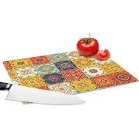 KitchenYeah Glazen Snijplank - 28x20 - Vintage - Bloemen - Patroon - Wit - Oranje - Snijplanken Glas