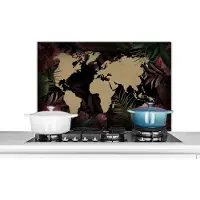KitchenYeah Spatscherm keuken 80x55 cm - Kookplaat achterwand Wereldkaart - Tropische planten - Bruin - Muurbeschermer - Spatwand fornuis - Hoogwaardig aluminium