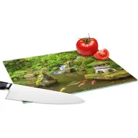 KitchenYeah Glazen Snijplank - 28x20 - Waterval - Koi - Japanse lantaarn - Mos - Water - Snijplanken Glas