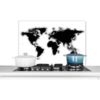 KitchenYeah Spatscherm keuken 90x60 cm - Kookplaat achterwand Wereldkaart - Zwart - Wit - Simpel - Muurbeschermer - Spatwand fornuis - Hoogwaardig aluminium