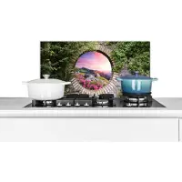 KitchenYeah Spatscherm keuken 70x30 cm - Kookplaat achterwand Landschap - Bloemen - Doorkijk - Berg - Muurbeschermer - Spatwand fornuis - Hoogwaardig aluminium