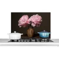 KitchenYeah Spatscherm keuken 90x60 cm - Kookplaat achterwand Vaas - Bloemen - Roze - Muurbeschermer - Spatwand fornuis - Hoogwaardig aluminium