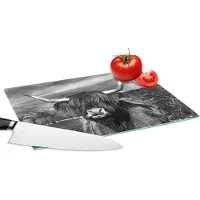 KitchenYeah Glazen Snijplank - 28x20 - Schotse hooglander - Portret - Zwart - Wit - Dier - Wild - Natuur - Snijplanken Glas