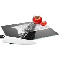 KitchenYeah Glazen Snijplank - 28x20 - Dwarsfluit met kleppen op bladmuziek - zwart wit - Snijplanken Glas