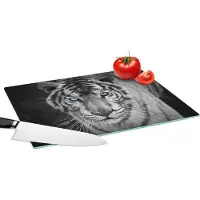 KitchenYeah Glazen Snijplank - 39x28 - Dieren - Tijger - Zwart wit - Ogen - Blauw - Snijplanken Glas