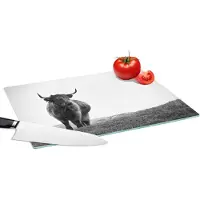 KitchenYeah Glazen Snijplank - 39x28 - Dieren - Schotse hooglander - Zwart wit - Natuur - Landelijk - Snijplanken Glas