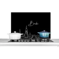 KitchenYeah Spatscherm keuken 90x60 cm - Kookplaat achterwand Skyline - Breda - Stad - Zwart wit - Nederland - Muurbeschermer - Spatwand fornuis - Hoogwaardig aluminium
