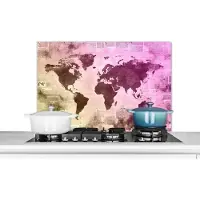 KitchenYeah Spatscherm keuken 80x55 cm - Kookplaat achterwand Wereldkaart - Geel - Paars - Muurbeschermer - Spatwand fornuis - Hoogwaardig aluminium