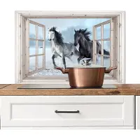 KitchenYeah Spatscherm keuken 80x55 cm - Kookplaat achterwand Doorkijk - Paarden - Winter - Dieren - Natuur - Wit - Muurbeschermer - Spatwand fornuis - Hoogwaardig aluminium