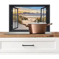 KitchenYeah Spatscherm keuken 60x40 cm - Kookplaat achterwand Doorkijk - Strand - Duinen - Natuur - Landelijk - Raam - Muurbeschermer - Spatwand fornuis - Hoogwaardig aluminium