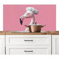 KitchenYeah Spatscherm keuken 120x60 cm - Kookplaat achterwand Flamingo - Roze - Koksmuts - Vogel - Muurbeschermer - Spatwand fornuis - Hoogwaardig aluminium