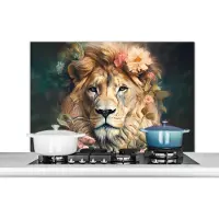 KitchenYeah Spatscherm keuken 100x65 cm - Kookplaat achterwand Leeuw - Leeuwenkop - Wilde dieren - Bloemen - Muurbeschermer - Spatwand fornuis - Hoogwaardig aluminium