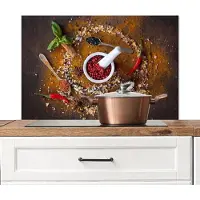 KitchenYeah Spatscherm keuken 80x55 cm - Kookplaat achterwand Vijzel - Kruiden - Lepels - Specerijen - Bruin - Peper - Muurbeschermer - Spatwand fornuis - Hoogwaardig aluminium