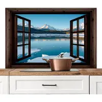 KitchenYeah Spatscherm keuken 120x80 cm - Kookplaat achterwand Doorkijk - Winterlandschap - Meer - Bergen - Uitzicht - Muurbeschermer - Spatwand fornuis - Hoogwaardig aluminium