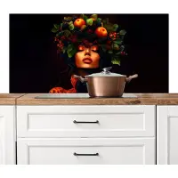 KitchenYeah Spatscherm keuken 120x60 cm - Kookplaat achterwand Vrouw - Zwart - Bessen - Bramen - Appels - Muurbeschermer - Spatwand fornuis - Hoogwaardig aluminium