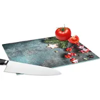 KitchenYeah Glazen Snijplank - 28x20 - Kerst - Rustiek - Takken - Steranijs - Bes - Rood - Snijplanken Glas