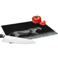 KitchenYeah Glazen Snijplank - 28x20 - Wilde dieren - Luipaard - Gras - Zwart - Wit - Snijplanken Glas