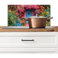 KitchenYeah Spatscherm keuken 70x30 cm - Kookplaat achterwand Bloemen - Deur - Roze - Muurbeschermer - Spatwand fornuis - Hoogwaardig aluminium