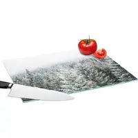 KitchenYeah Glazen Snijplank - 39x28 - Bos - Sneeuw - Winter - Seizoenen - Dennenboom - Snijplanken Glas