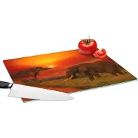 KitchenYeah Glazen Snijplank - 39x28 - Olifant - Zonsondergang - Oranje - Savanne - Dieren - Snijplanken Glas