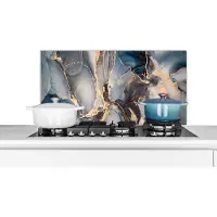 KitchenYeah Spatscherm - Marmer print look - Blauw - Grijs - Spatwand - keukenmuur - Achterwand keuken - Keuken - Luxe - 90x45 cm
