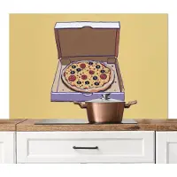 KitchenYeah Spatscherm keuken 120x80 cm - Kookplaat achterwand Pizza - Doos - Salami - Illustratie - Muurbeschermer - Spatwand fornuis - Hoogwaardig aluminium