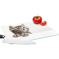 KitchenYeah Glazen Snijplank - 28x20 - Poes - Grijs - Dieren - Snijplanken Glas