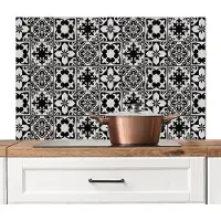 KitchenYeah Spatscherm keuken 100x65 cm - Kookplaat achterwand Retro - Tegels - Bloemen - Zwart - Wit - Muurbeschermer - Spatwand fornuis - Hoogwaardig aluminium