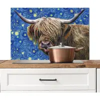 KitchenYeah Spatscherm keuken 90x60 cm - Kookplaat achterwand Schotse hooglander - Sterrennacht - Van Gogh - Muurbeschermer - Spatwand fornuis - Hoogwaardig aluminium