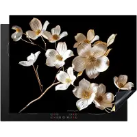 KitchenYeah Inductie beschermer 80x55 cm - Bloemen - Wit - Goud - Afdekplaat voor kookplaat - Bescherming inductieplaat mat - Beschermplaat - Beschermmat inductiekookplaat - Keuken accessoires