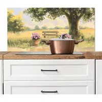 KitchenYeah Spatscherm keuken 100x50 cm - Kookplaat achterwand Houten bankje - Bloempotten - Landschap - Muurbeschermer - Spatwand fornuis - Hoogwaardig aluminium