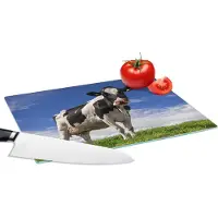 KitchenYeah Glazen Snijplank - 28x20 - Koe - Gras - Blauw - Dieren - Snijplanken Glas