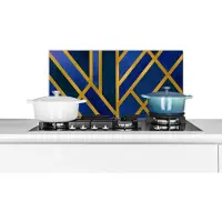 KitchenYeah Spatscherm keuken 70x30 cm - Kookplaat achterwand Goud - Patroon - Blauw - Muurbeschermer - Spatwand fornuis - Hoogwaardig aluminium