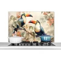 KitchenYeah Spatscherm keuken 100x65 cm - Kookplaat achterwand Toekan - Vogels - Bloemen - Tak - Muurbeschermer - Spatwand fornuis - Hoogwaardig aluminium
