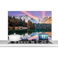 KitchenYeah Spatscherm keuken 100x65 cm - Kookplaat achterwand Bergen - Bos - Water - Lucht - Roze - Paars - Muurbeschermer - Spatwand fornuis - Hoogwaardig aluminium