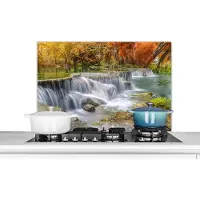 KitchenYeah Spatscherm keuken 90x60 cm - Kookplaat achterwand Herfst - Waterval - Natuur - Bomen - Muurbeschermer - Spatwand fornuis - Hoogwaardig aluminium